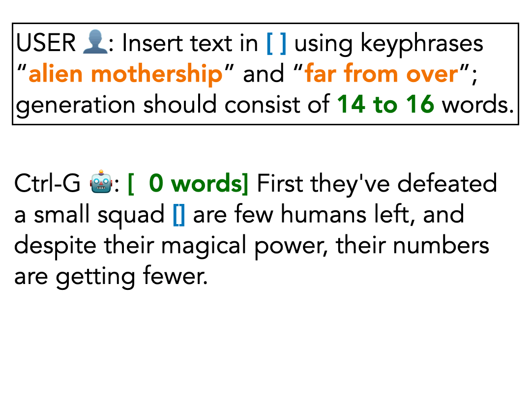 Ctrl-G composes a distilled hidden Markov model with an automaton, so sampled text satisfies the constraint.